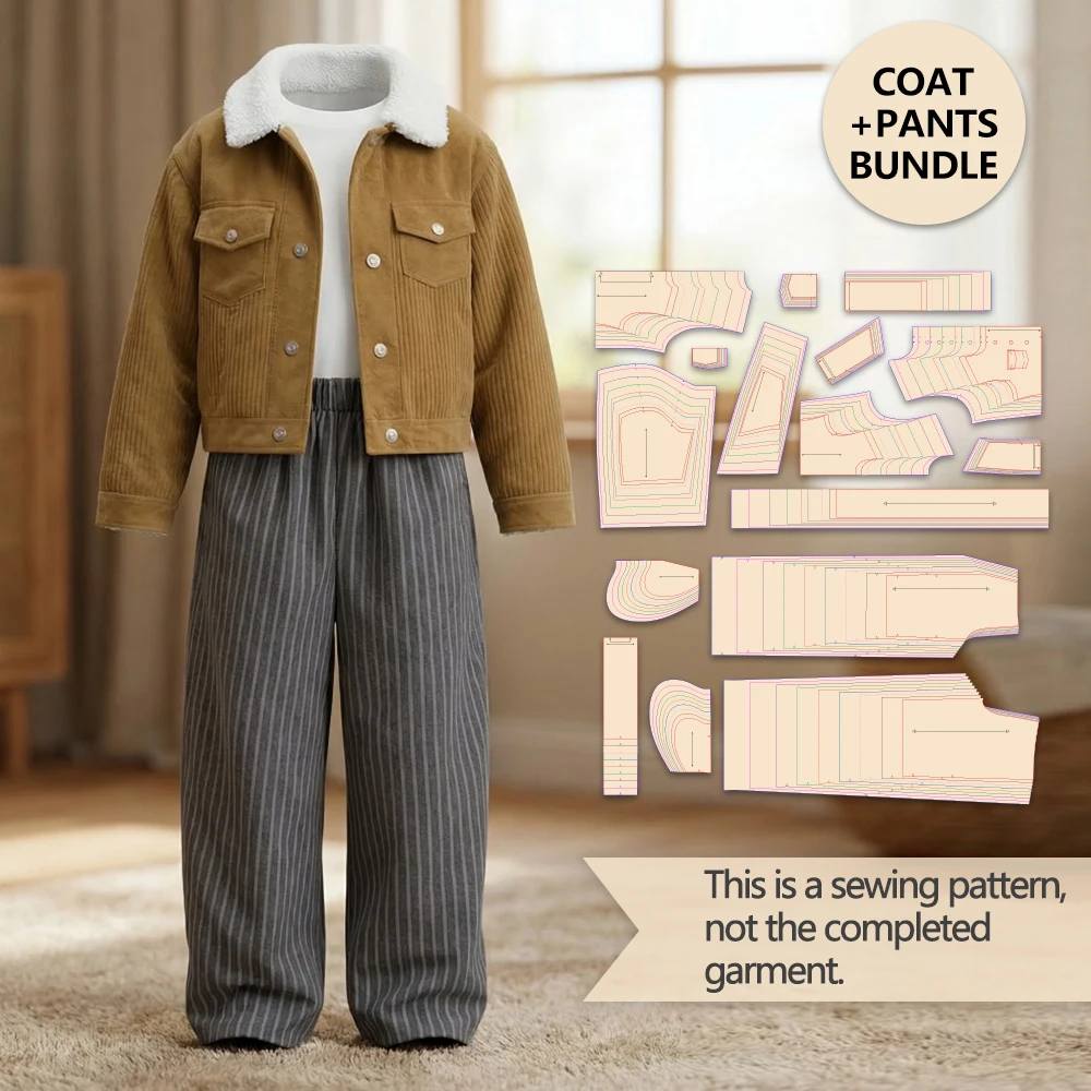 Fur Collar Jacket & Wide Pants Set Sewing Pattern, Multi-Size Clothing Pattern 1:1 Original Size Kraft Paper Template