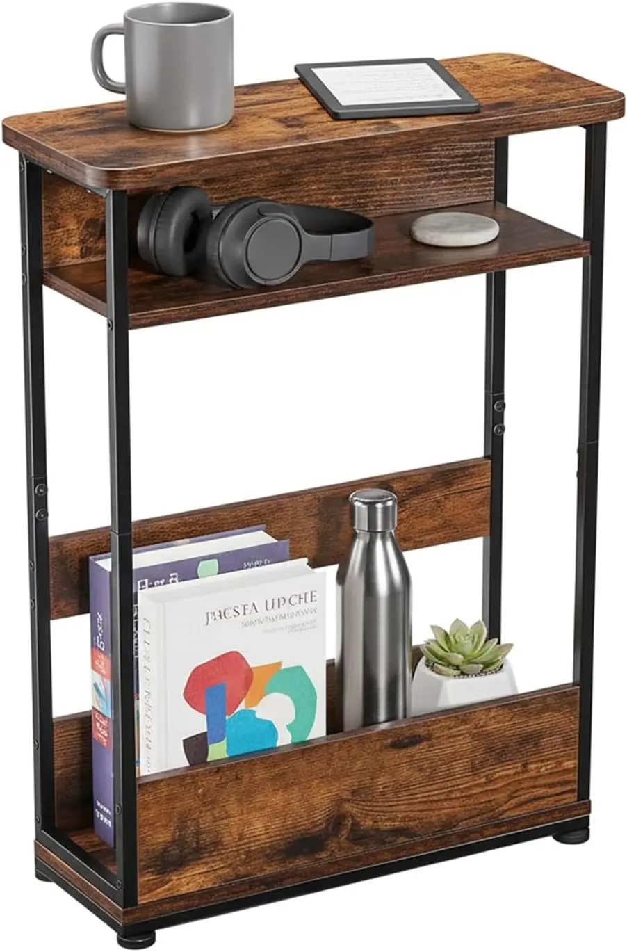 

3-Tier Slim Side Table with Storage, Modern Narrow Sofa Table for Small Spaces, Brown