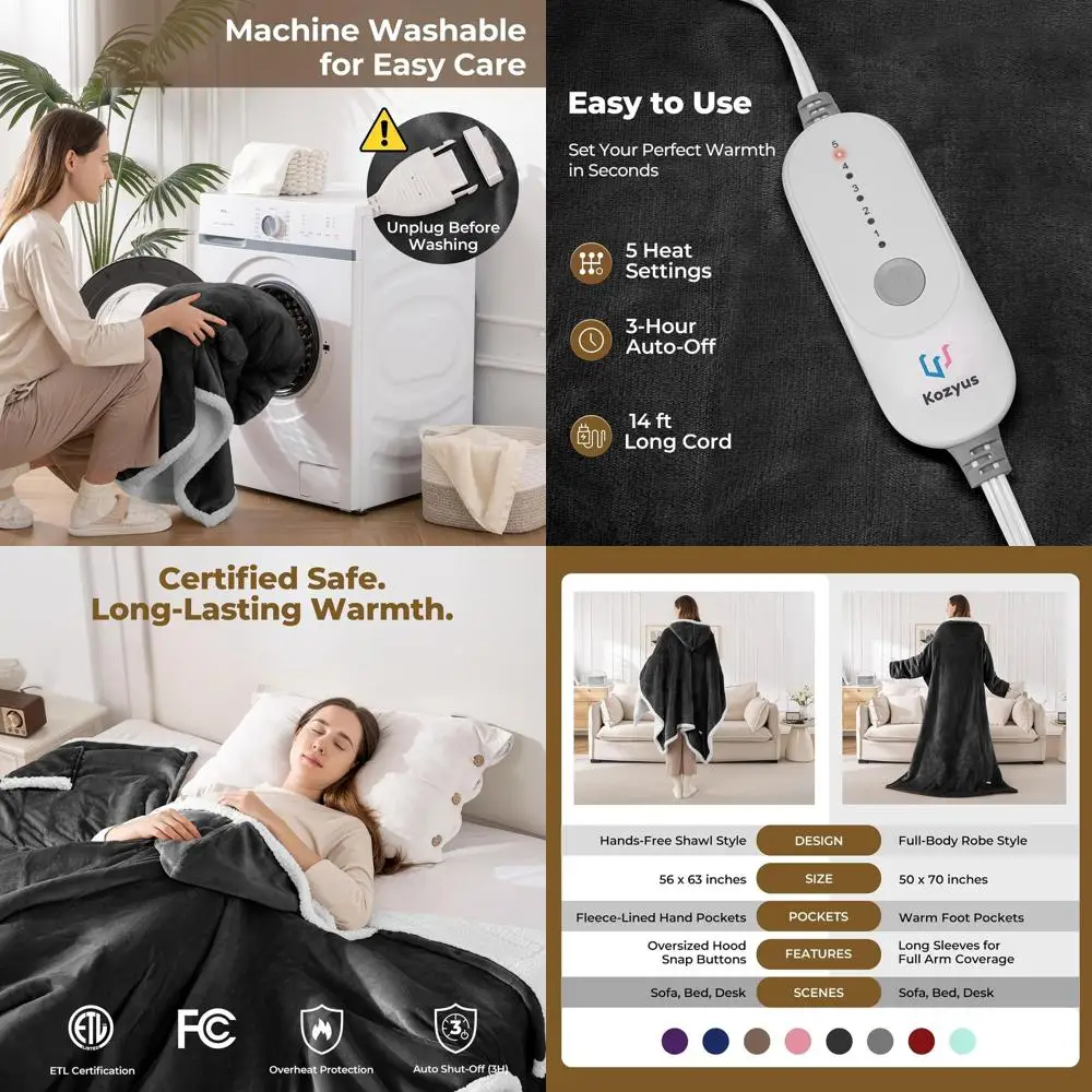 

Electric Heated Blanket with Hood & Pockets, 5 Settings, Auto-Off, Washable, Grey, Unisex