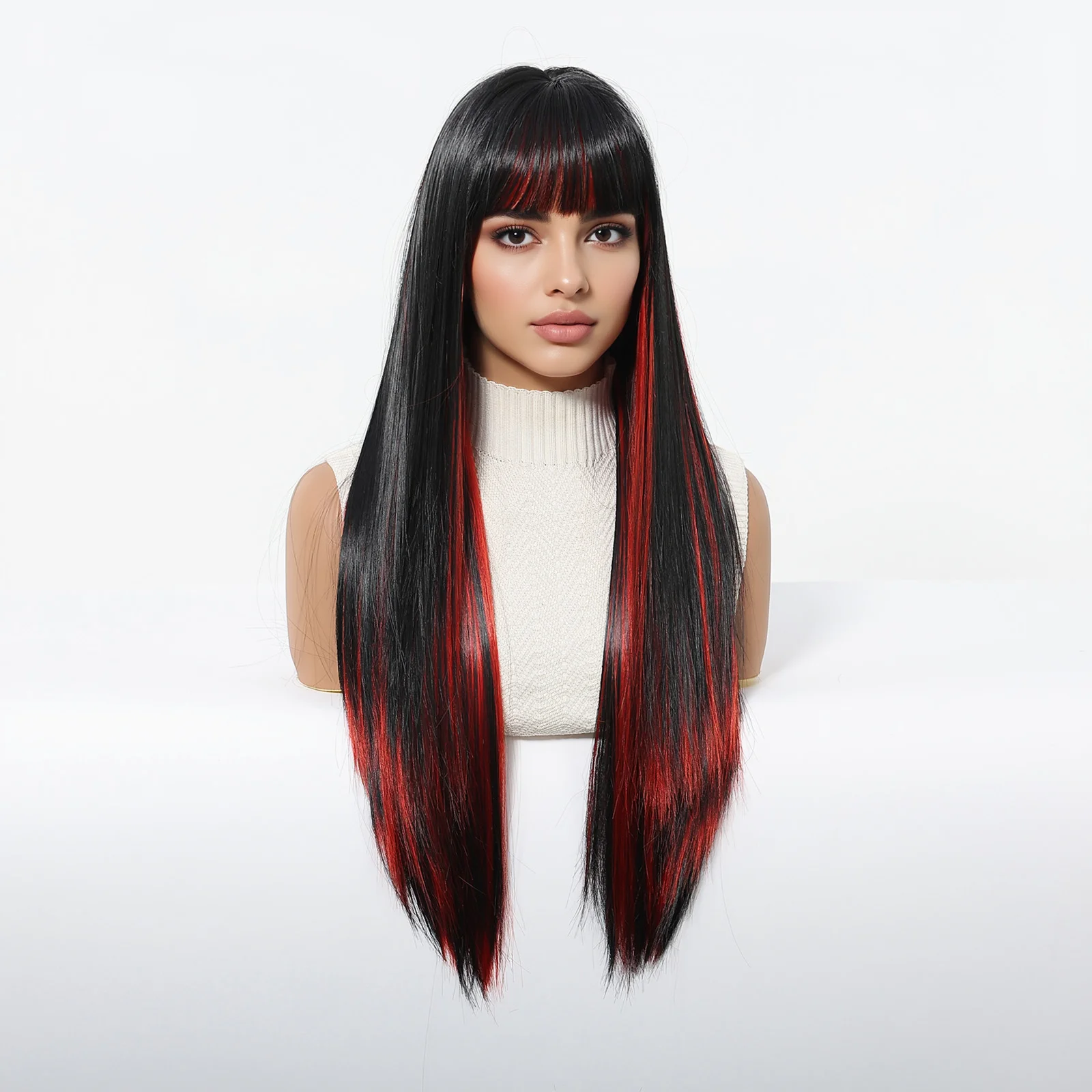 عيد الميلاد طويل مستقيم أسود أحمر تسليط الضوء على الباروكات الاصطناعية مع الانفجارات للنساء البيض لوليتا تأثيري حزب اليومية مقاومة للحرارة #4