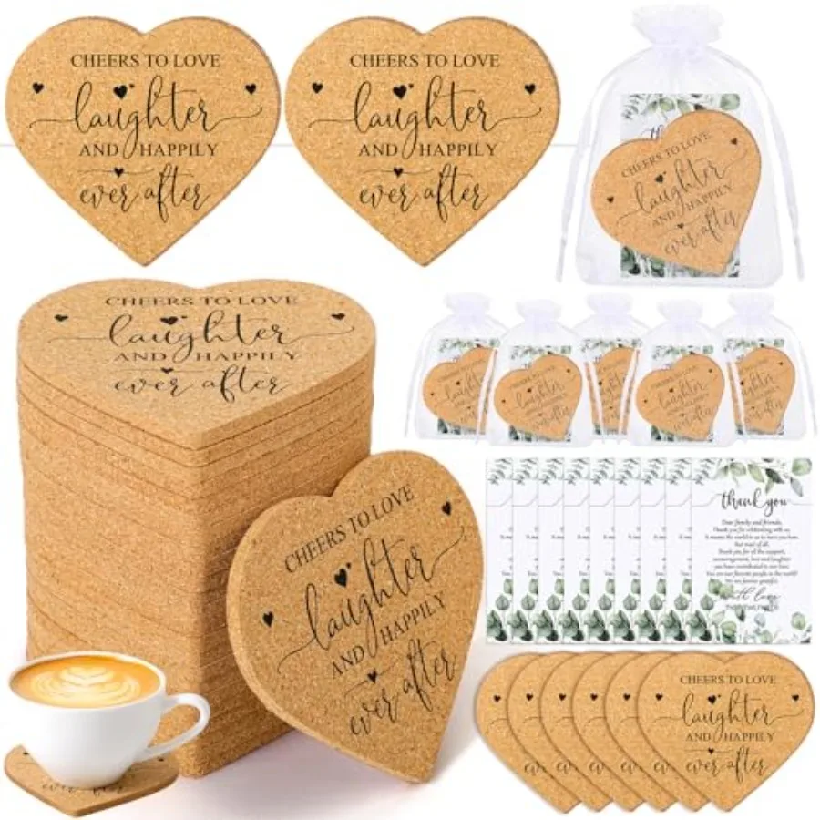 

Set Wedding Favors for Guest Coaster Gifts Bulk Heart Shaped Coasters Thank You Cards Organza Bags Guest Souvenirs for Wedding