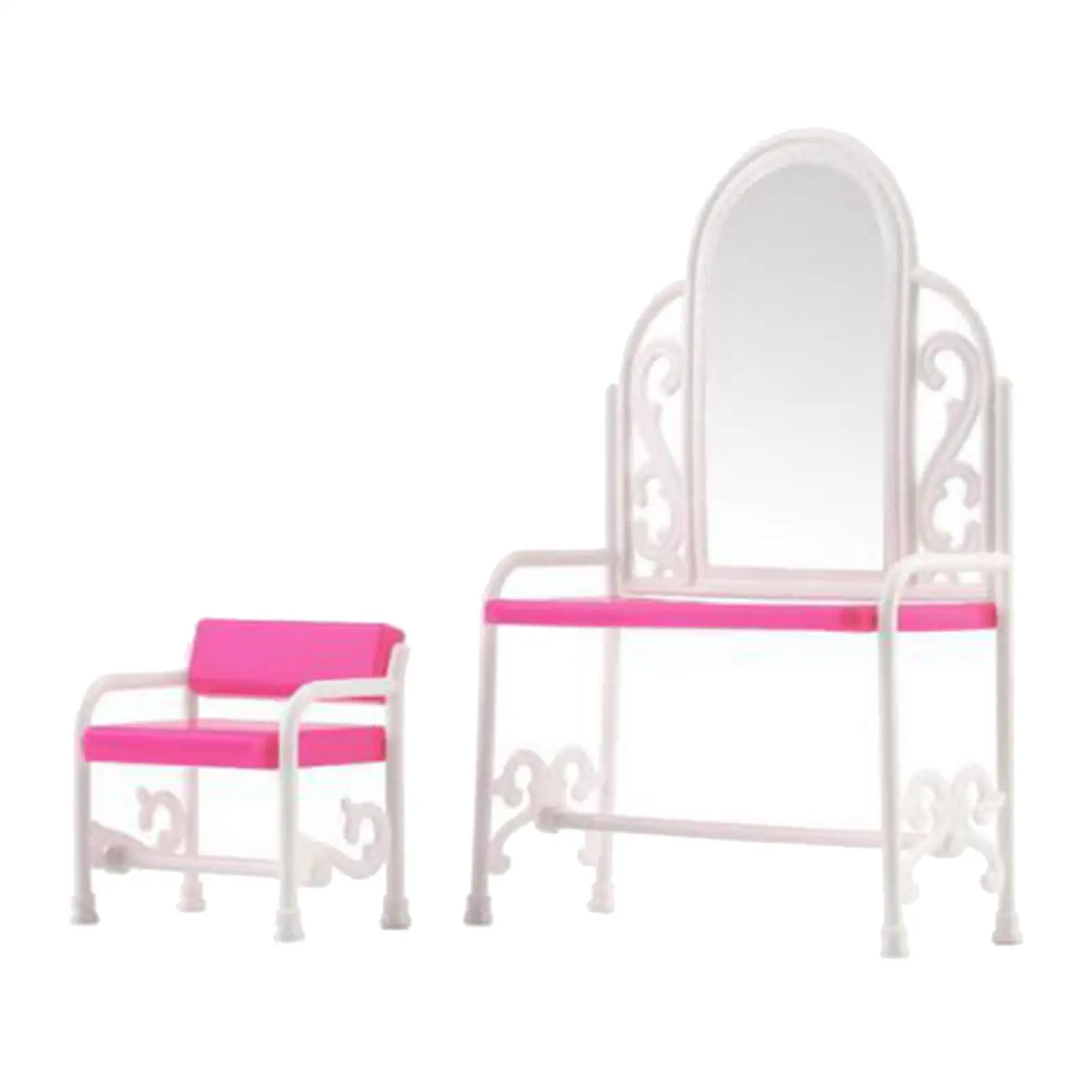 Miniature Dollhouse Vanity Table Stool Set with Mirror Cabinet Bedroom Furniture