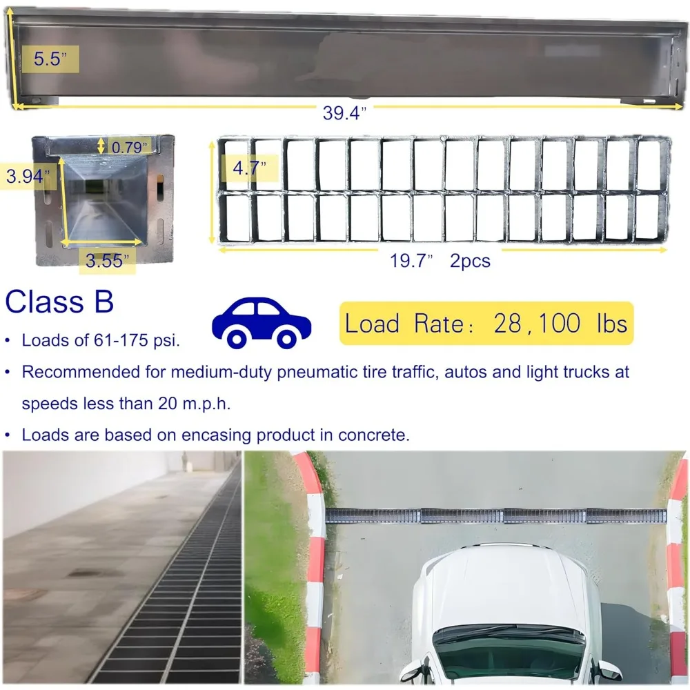 تصريف قناة من الفولاذ المقاوم للصدأ مع شبكة فولاذية مجلفنة، 39.4 × 5.9 × 5.5 بوصة، طقم لـ 3 أنابيب، شديدة التحمل، نظام تصريف B125