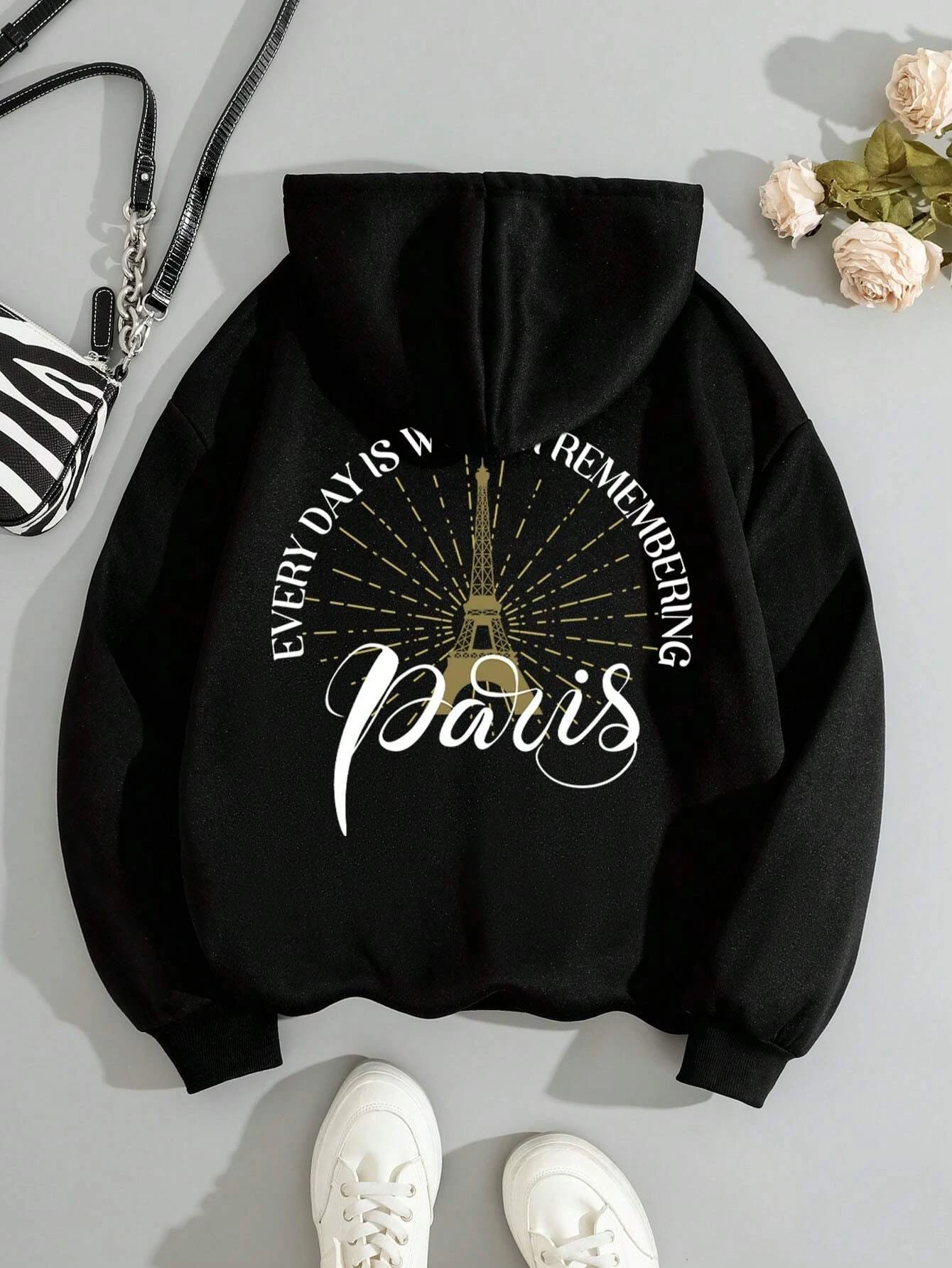 Paris Simple Letter Pattern Print Female Hoodies Fashion Casual Hoodie Oversize Loose Sweatshirts Autumn Warm Fleece Clothing