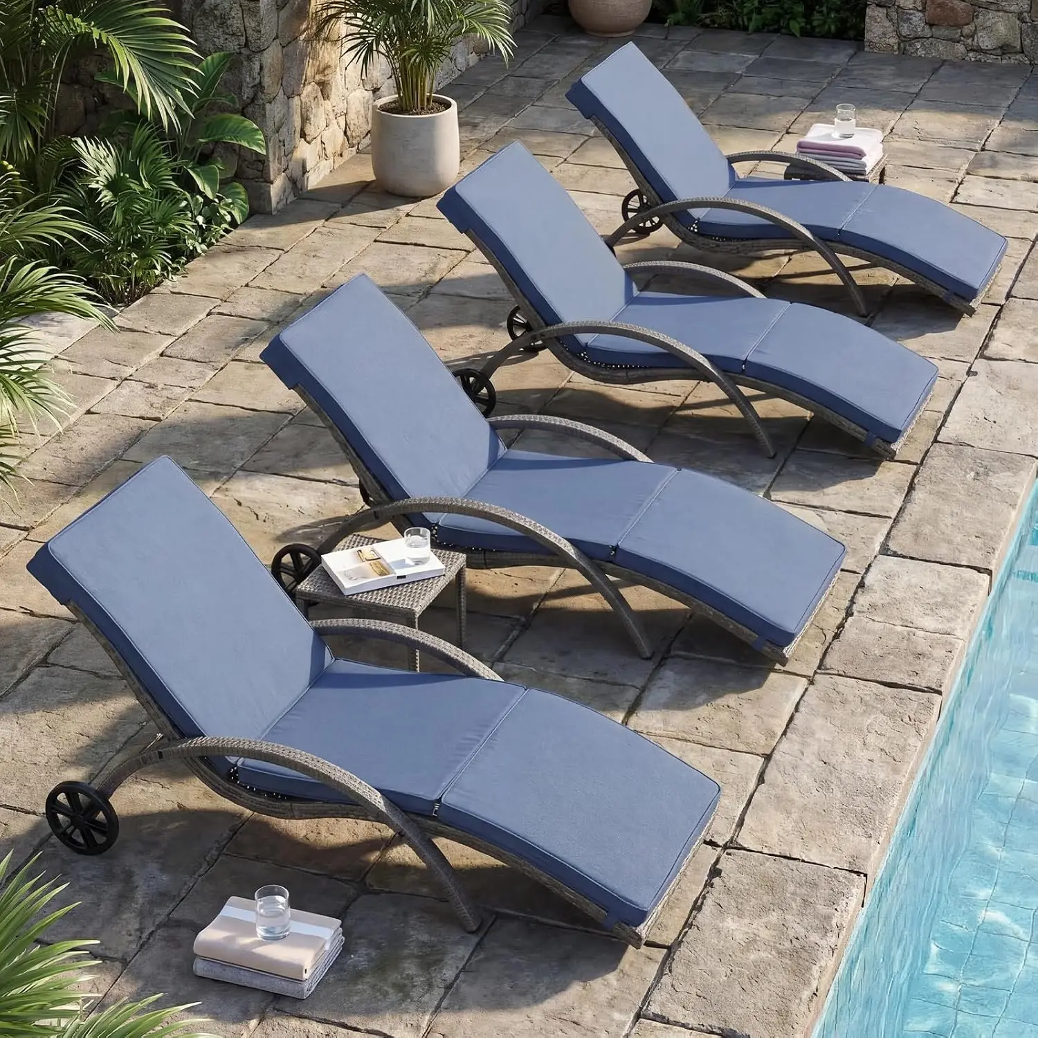 Outdoor Lounge Chair with Cushion & Wheel, PE Rattan Chaise, Ergonomic Pool Recliner, All-Weather Wicker Lounger, Customized