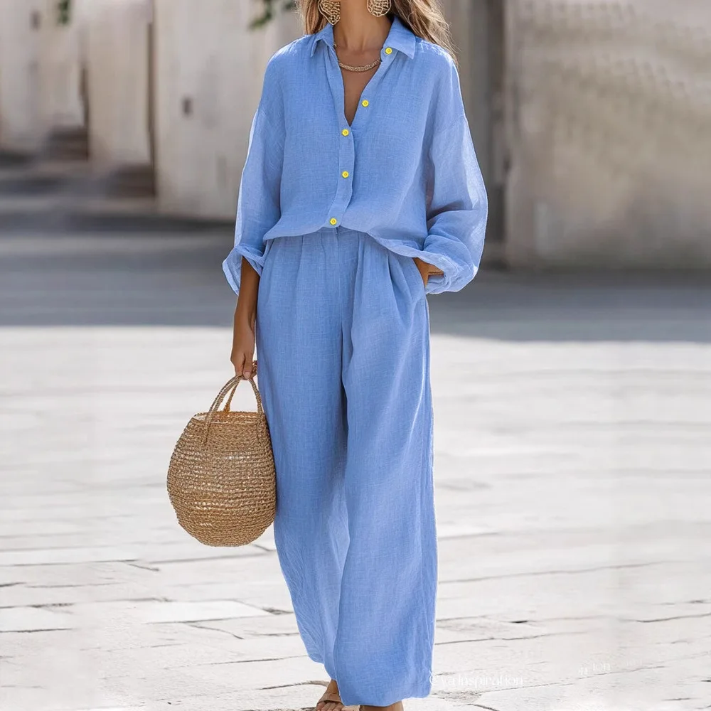 Women Solid Shirt Pant Sets Two Piece Lapel Turn Down Collar Shirts Full Sleeve Casual Pocket Wide Leg Pants Basis Autumn Winter