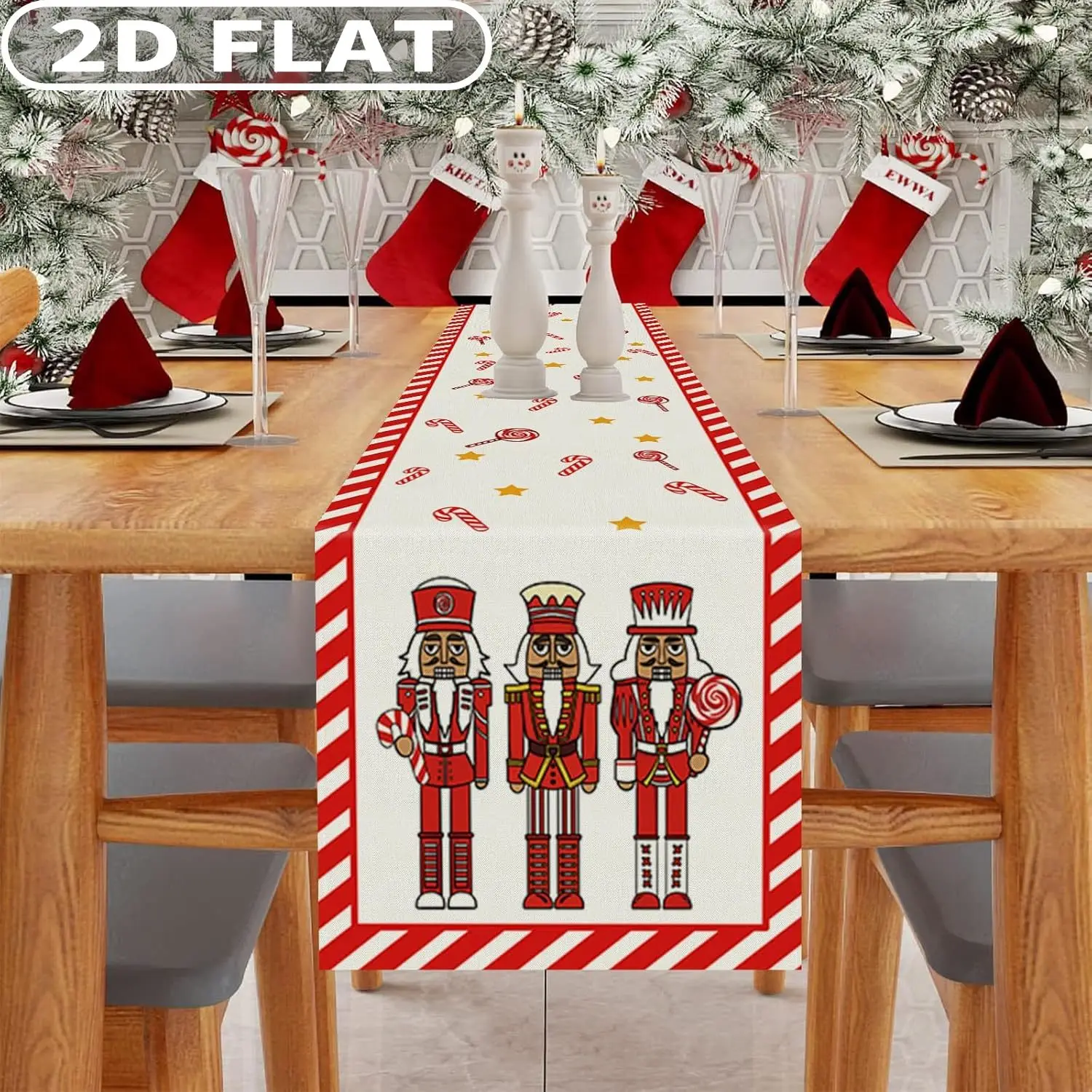 

1pc Christmas Table Runner, Nutcracker Candy Cane Stars Christmas Decorations, Winter Holiday Xmas Tree Nutcracker Table Cover