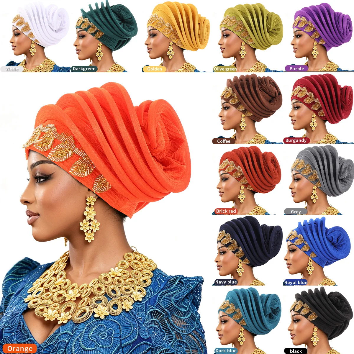 African Turban Headwrap Gold Embroidered Auto Gele Headtie Women Fashion Headwear for Wedding Party Ceremony Head Wraps