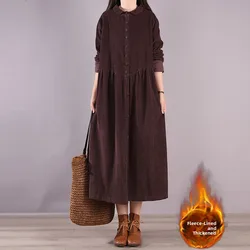 Retro Japanese Style Long Sleeve Corduroy Dress Thickened Shirt Dress Loose Waist Winter Fashion Commute Style A-Line Skirt