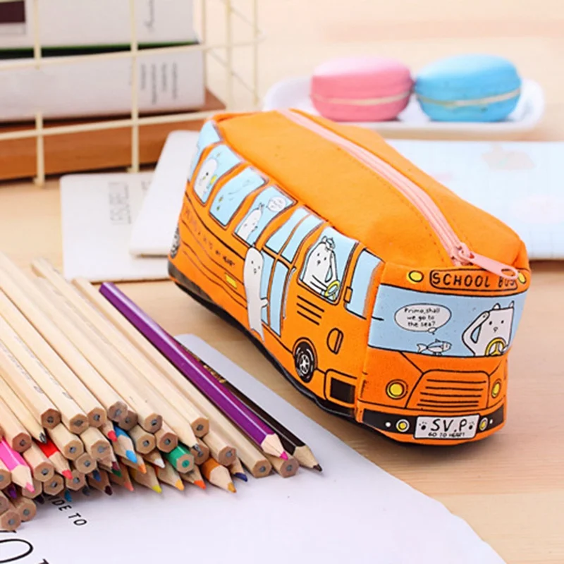 Cartoon Bus Pencil Bag Canvas Large Capacity Car Zipper Pen Pencilcase for Student Stationery School Supplies