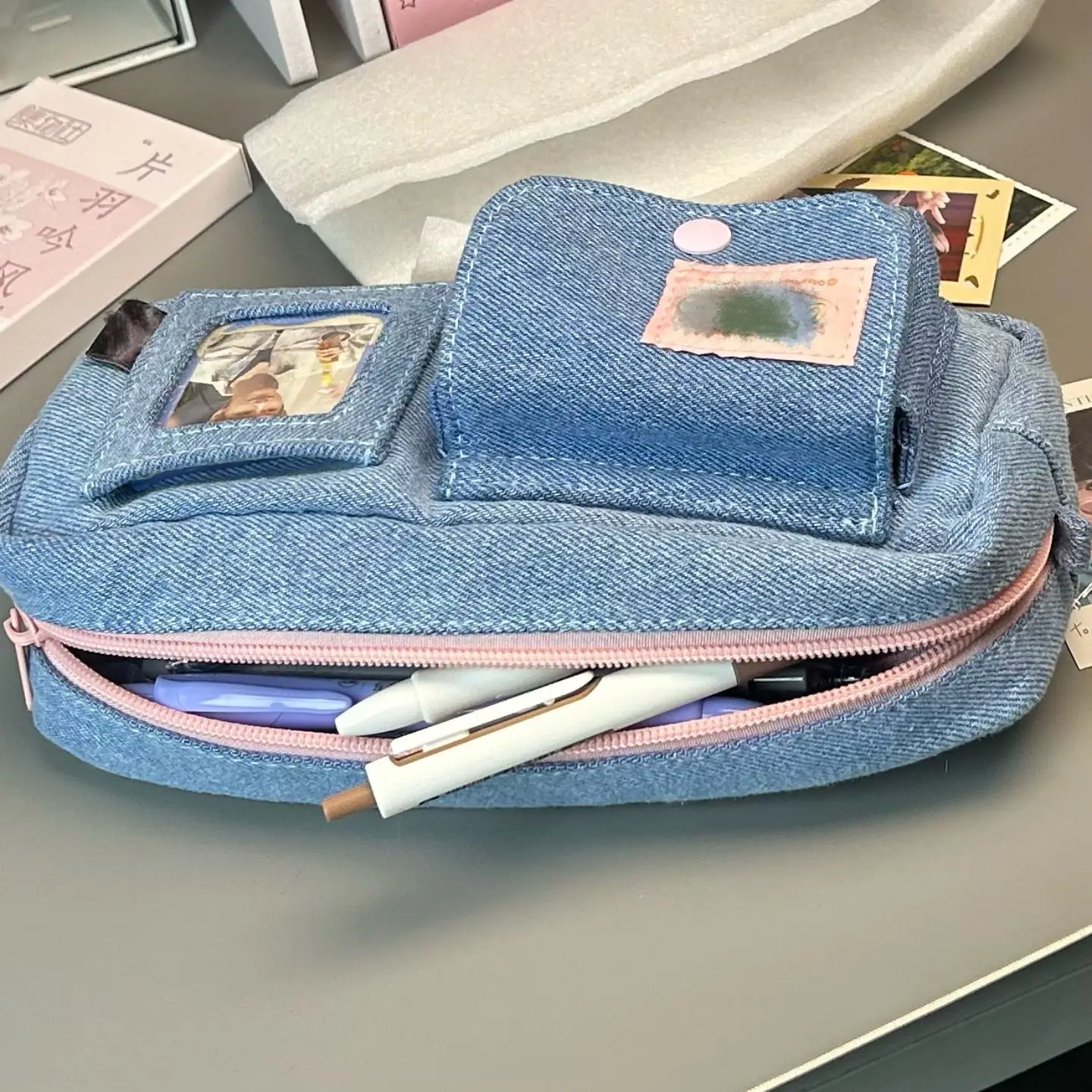 Astuccio per matite in tela di jeans avanzato borsa per trucco carina creativa borsa portaoggetti Vintage di grande capacità astuccio per