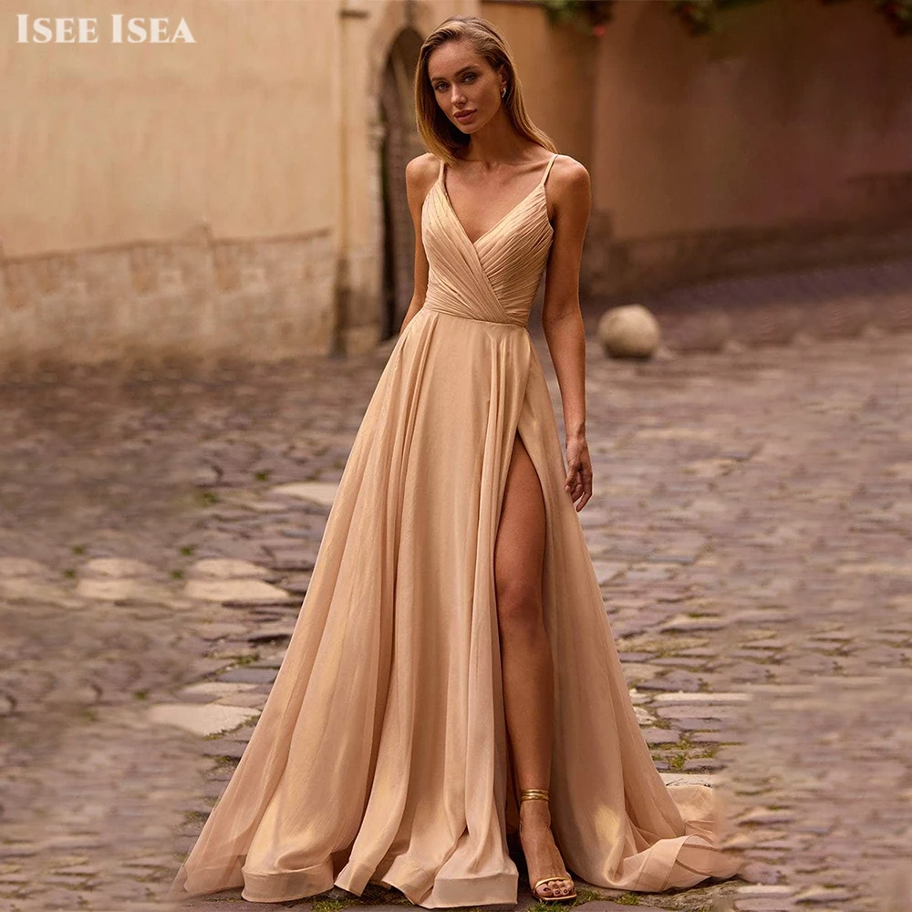 

Simple Evening Dresses Woman Satin High Spilt V-Neck Spaghetti Strap A-Line Sexy Party Bodycon Dress Customized Plus Size