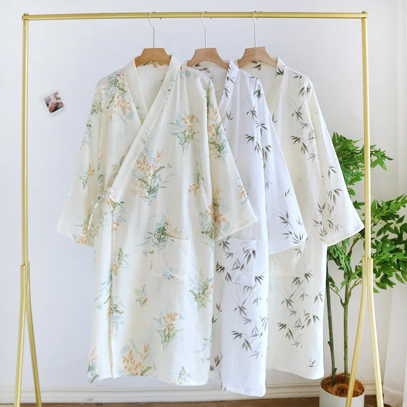 Cotton Fabric Bamboo Printed Sleepwear Bathrobes for Women Spring and Summer Double-layer Thin Home Clothing Pyjamas Robes 3