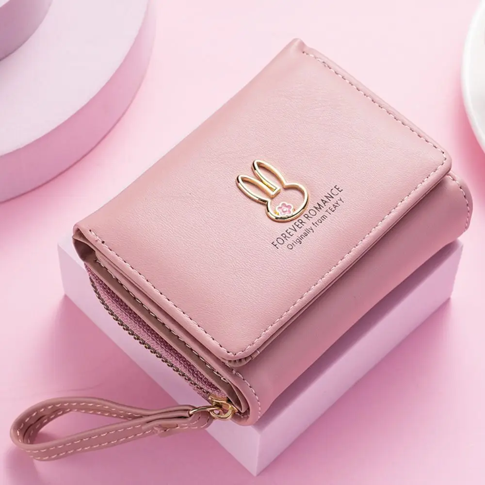 Simple Korean Style Women's Wallet PU Leather Multi-Function Three-fold Wallet Solid color Handheld Short Purse Ladies