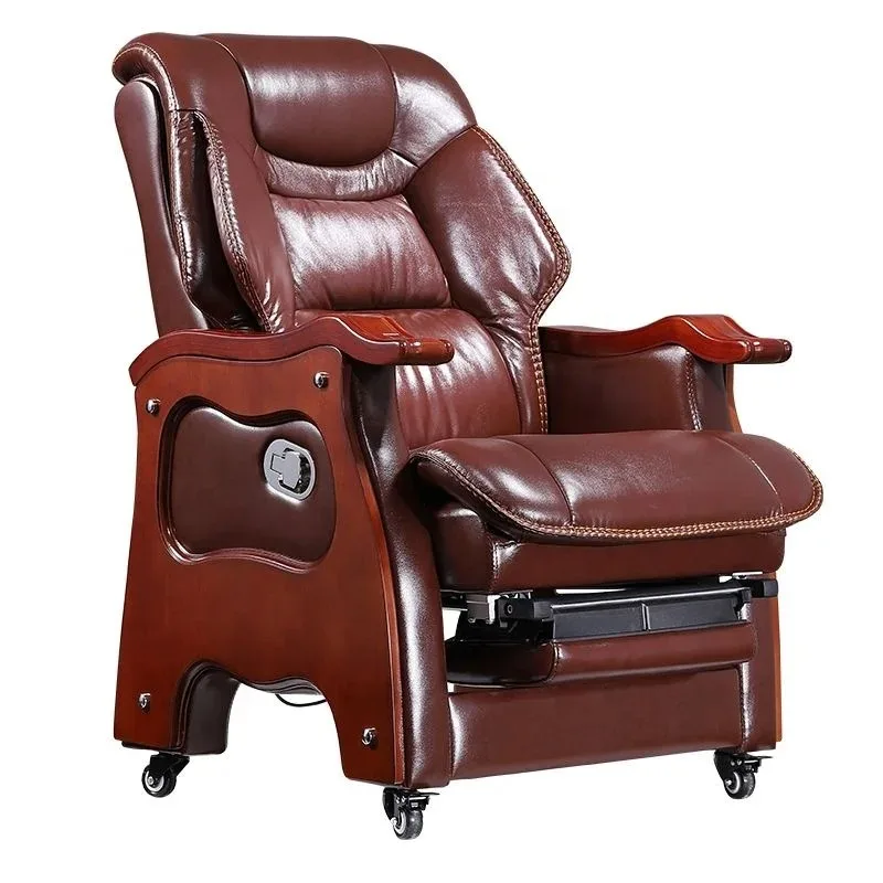 

Skin-friendly Cowhide Office Executive Boss Chair, Luxury Wooden Ceo Chair With Foot Pads, Made Of Solid Wood
