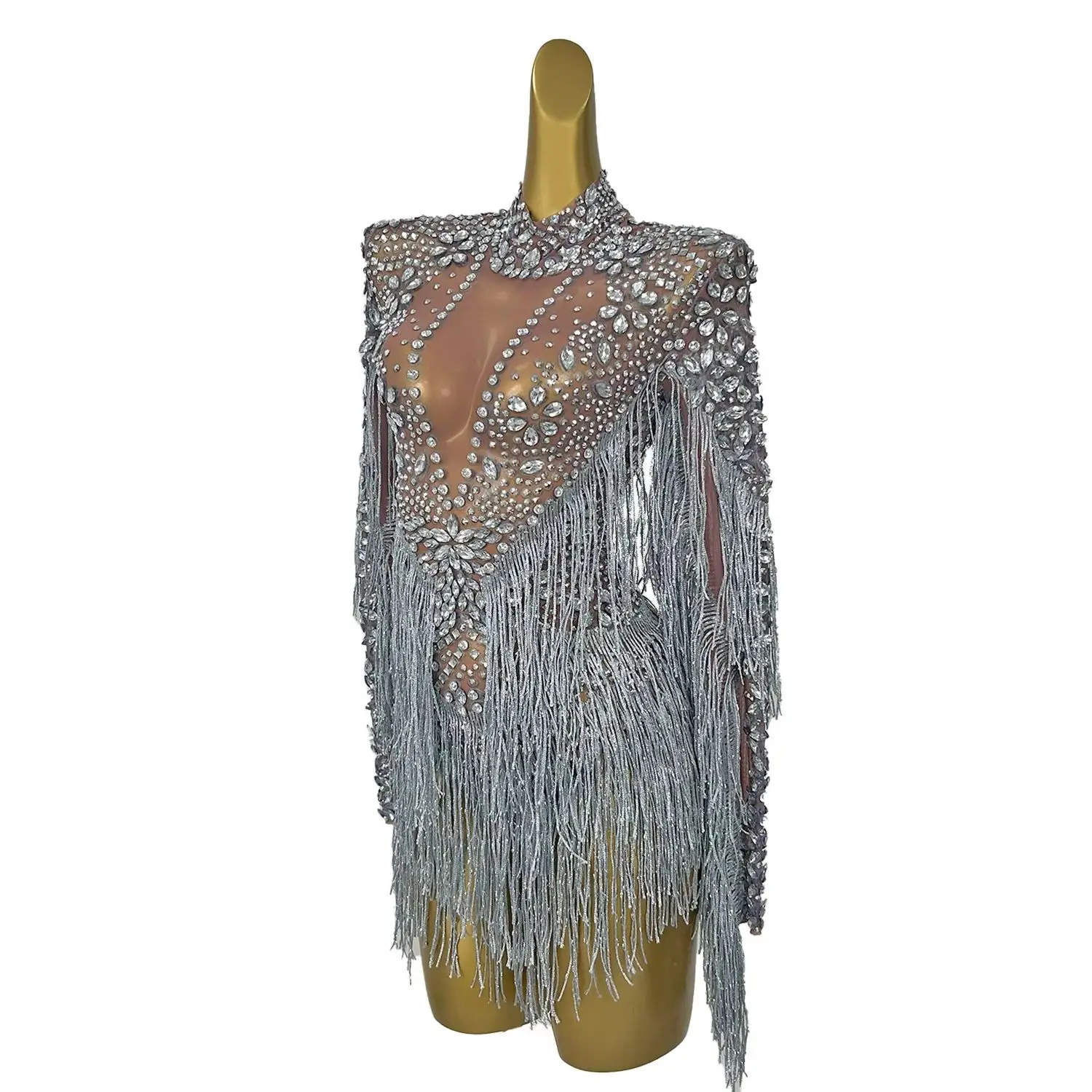 Women's Fashion Crystal Beading Fringes Bodysuit Glitter Sparky Sexy Dancer Stage Costume Nightclub Party Prom Gowns Shenhui