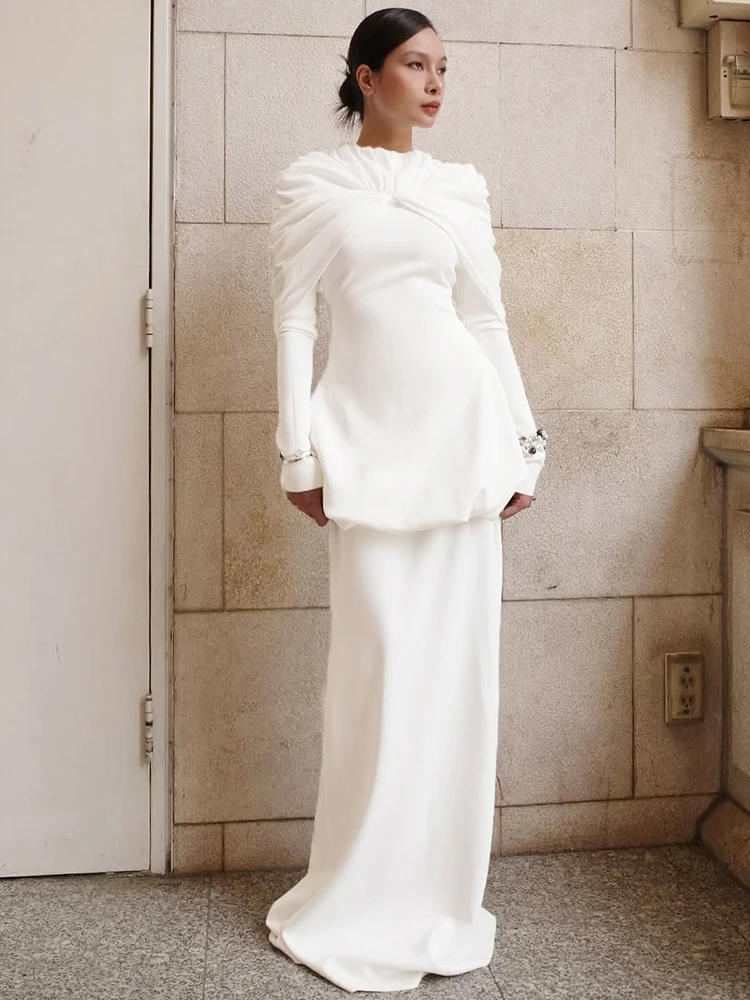 

Kliou Ruched Elegant 2 Piece Set Woman o-Neck Full Sleeve Ruffles T-Shirts+A-Line Solid Long Skirts Street Fashion Classic Suits