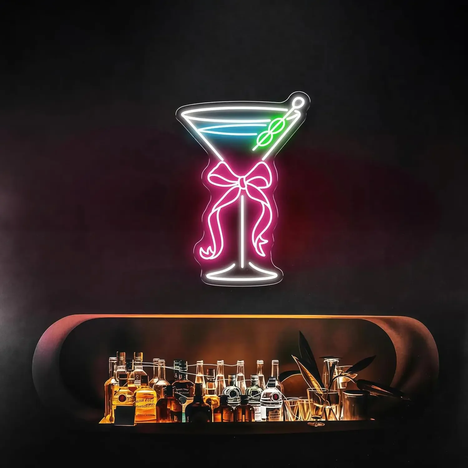 Martini Glass Bow Neon Sign Cocktail LED Wall Art Acrylic USB Powered Dimmable Light For Bar Cart Lounge Home Decoration