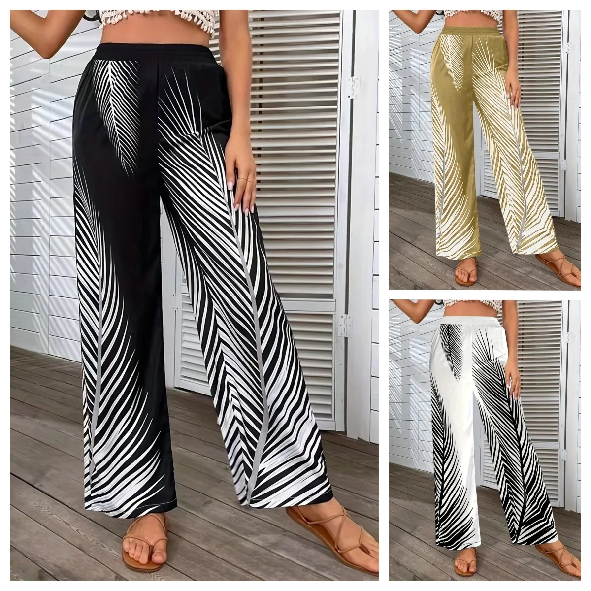 2026 Spring Summer Fashion Elegant Striped Leaf Positioning Print Wide-Leg Pants for Women