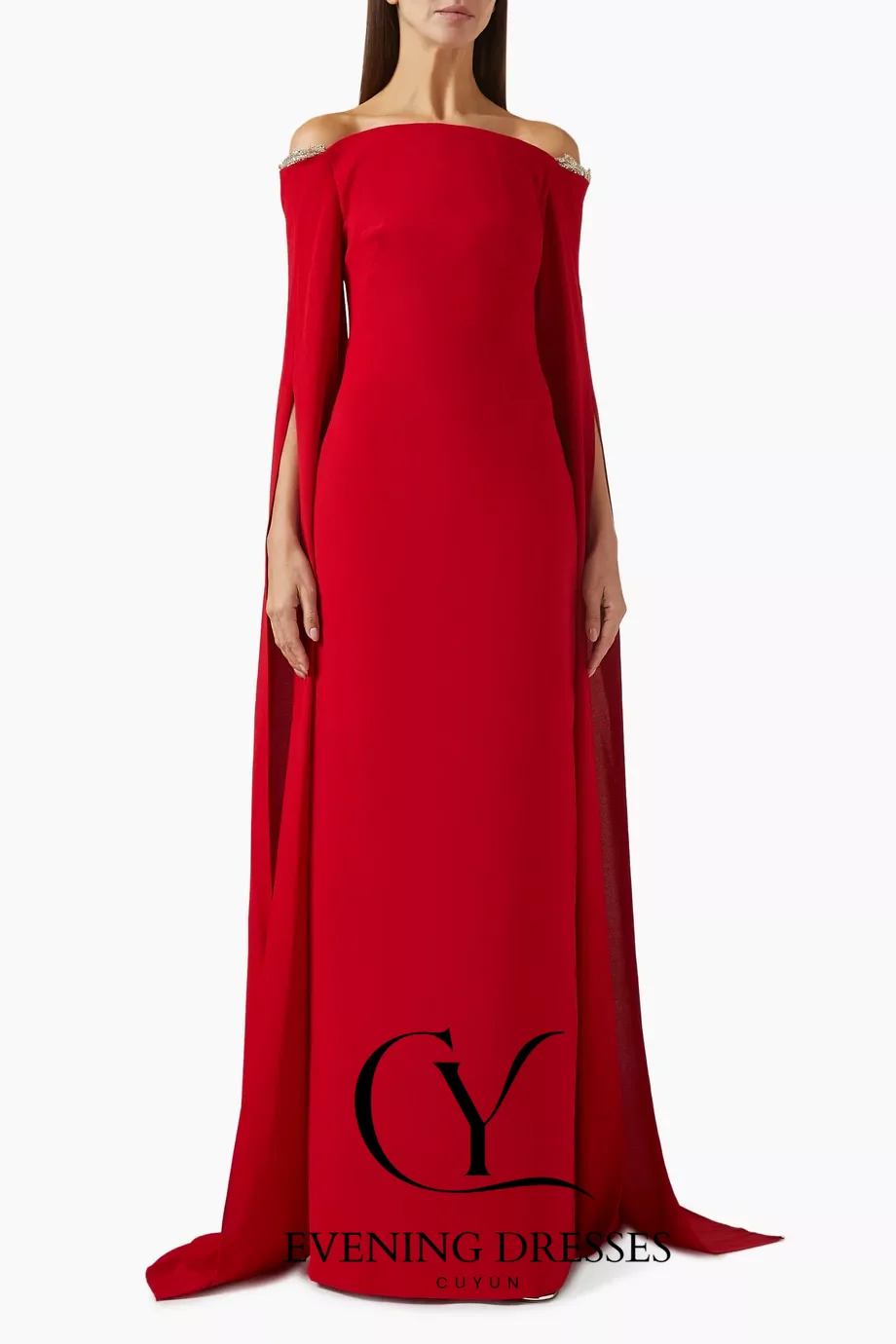 CUYUN-vestidos de noche formales rojos, mangas tipo capa con cuello barco y cuentas, vestido de fiesta con abertura en la espalda personalizado para ocasiones formales