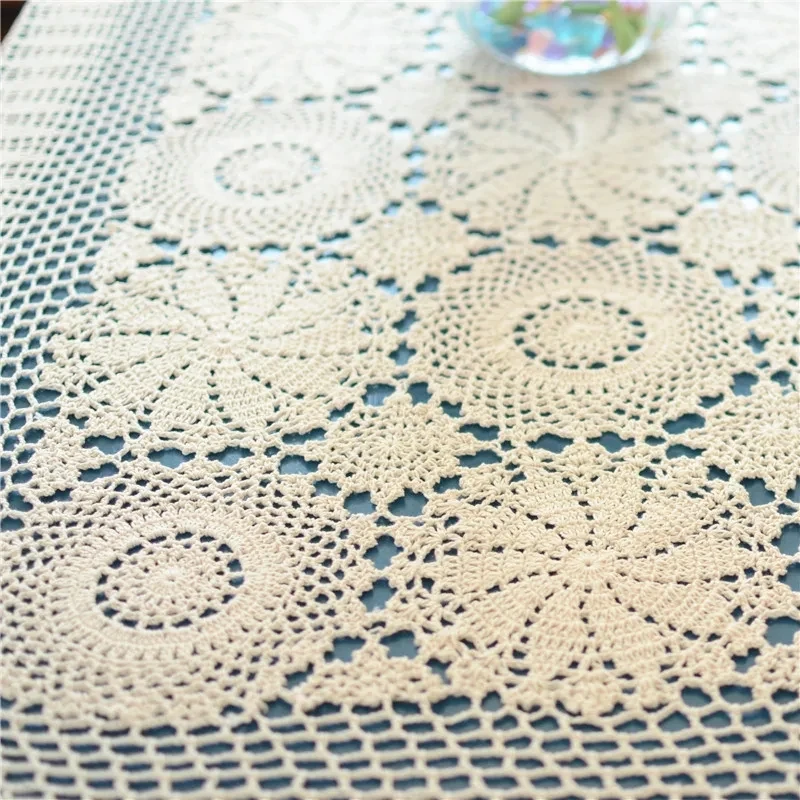 

Solid color textile tablecloth, beige lace crochet rectangular tablecloth, available in various sizes