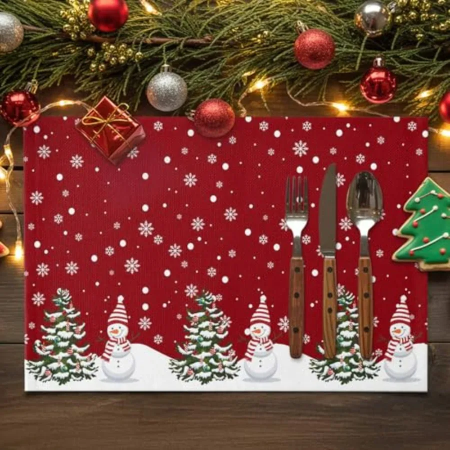 

Table Placemats Set of 6 Christmas Tree Snowman Snowflakes Non-Slip Kitchen Dining Tables Place Mat Red White Washable Table Ma
