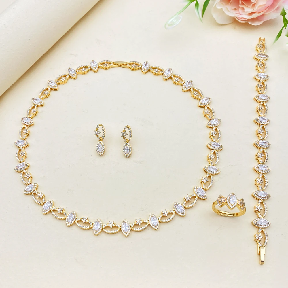 

Flora Modern Geometric Shape Gold Plated 4Pc Jewelry Set Bracelet Ring Necklace Earring Women Minimalist Luxury Accessories