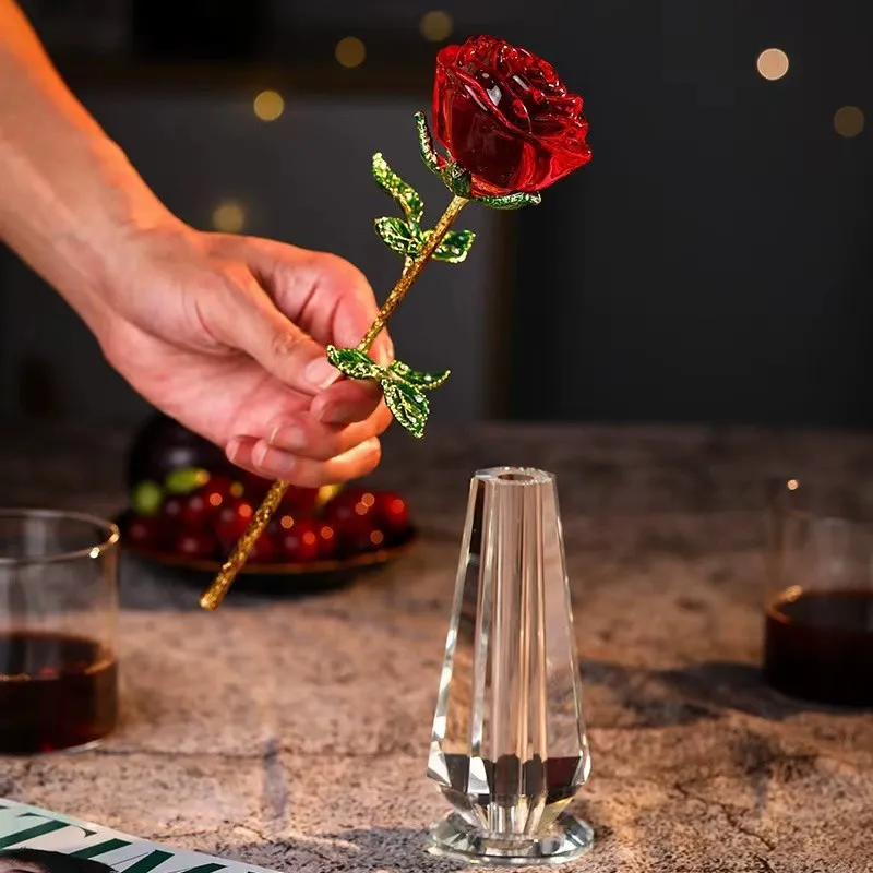 Artificial Flowers Crystal Glass Rose Flower Branch Artificial Red Roses Valentine's Day Favors X'mas Lovers' Gift  for Wedding
