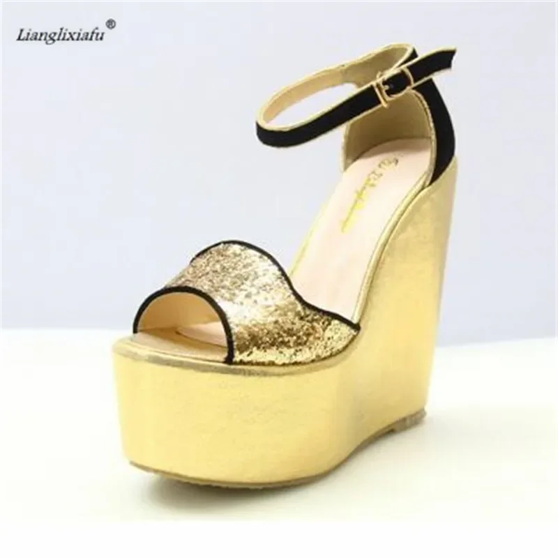 LLXF Small Yards:30 31 32 Summer Wedges Sandals Plus:42 43 Stiletto 15cm High-Heeled Platform Buckle Shoes Women Wedding Pumps