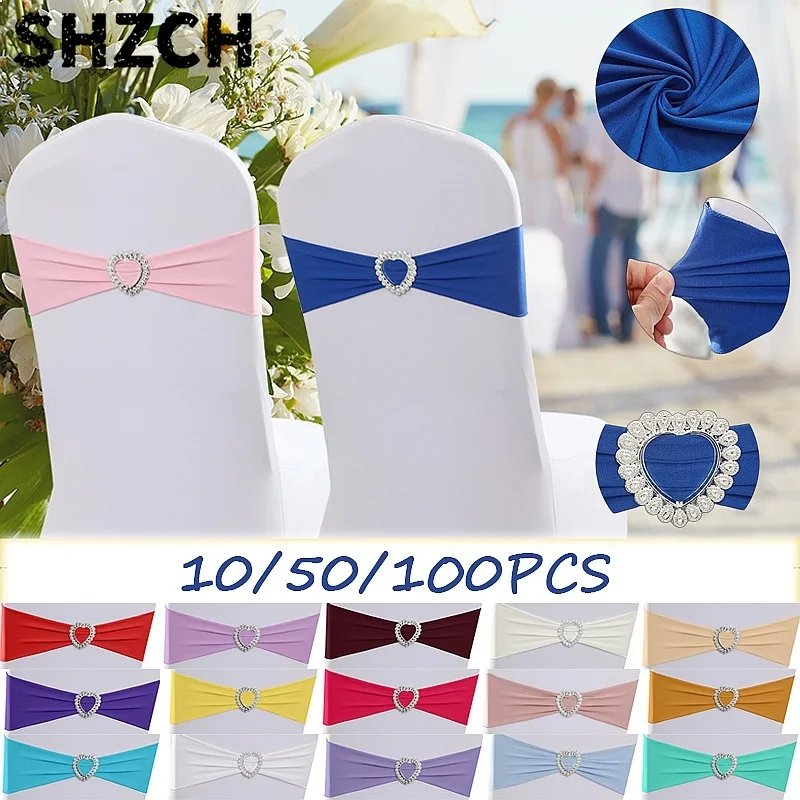 10/50/100PCS Universal Elastic Chair Sashes Heart Buckle Bow No-Tie Ribbon for Wedding Party Banquet