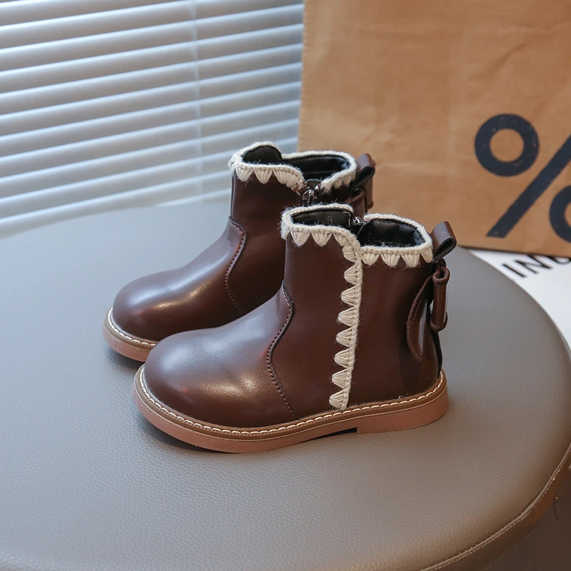 Girl Shoe Winter Hot Selling New Girl Shot Boot Butterfly Knot Boot Fashionable Women's Boot British Style Children's Snow Boots