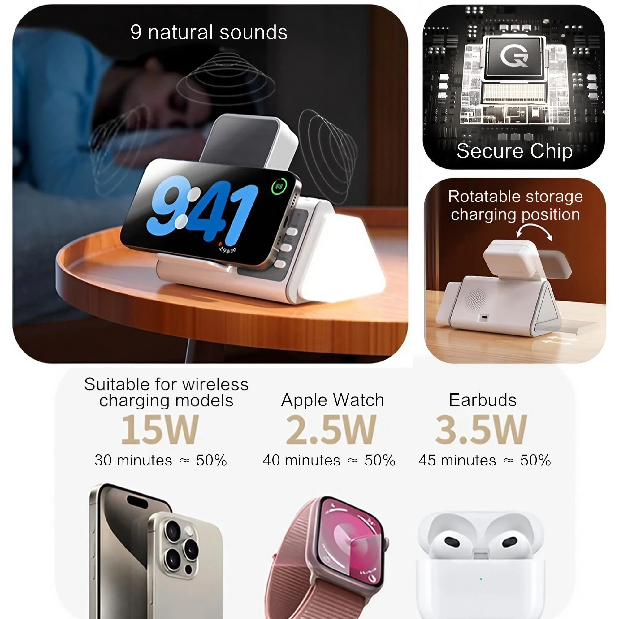 حامل شاحن لاسلكي 3 في 1 مع ضوء ليلي أبيض اللون شحن سريع لسماعات Apple Watch AirPods