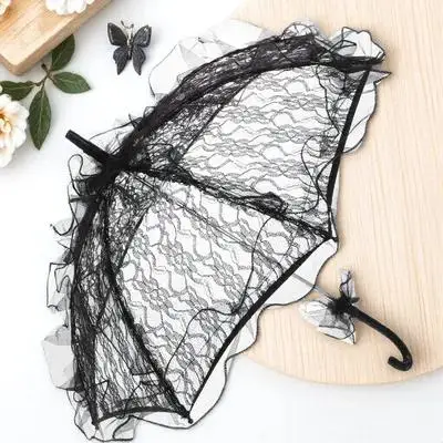 

Lace Parasol Wedding Umbrella Bridesmaid Black Lightweight Vintage Sunshade Small Size For Tea Party Dance Performance Outdoor