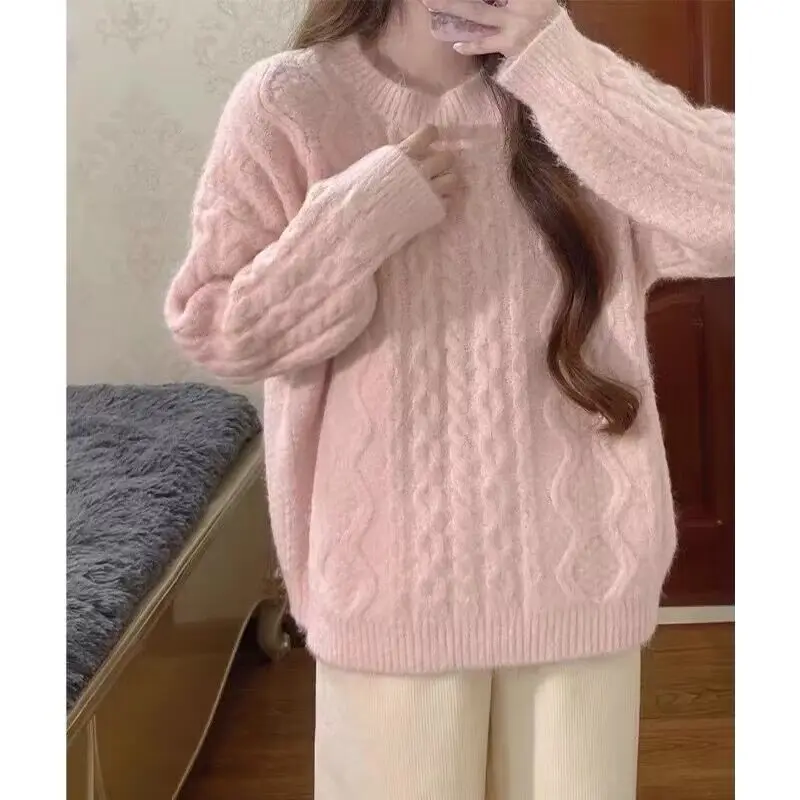 

Soft Pink Knitted Sweater Women's Outerwear Autumn Winter New Korean Sle Lazy Twist High-End Feeling Top