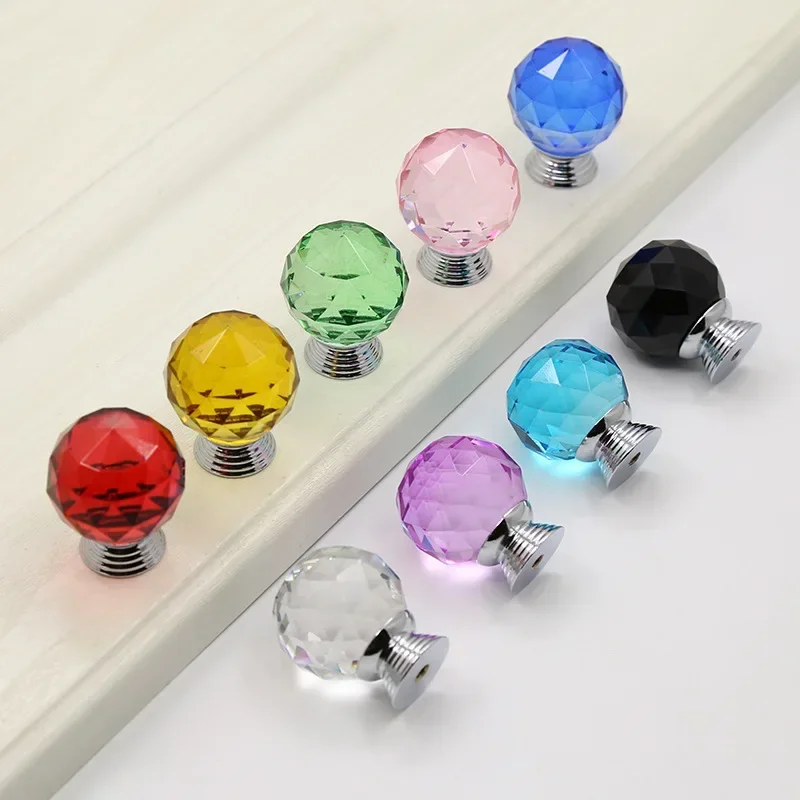 Colored crystal handle 30mm gold bright chrome globe Wardrobe door cabinet door handle drawer round single hole handle