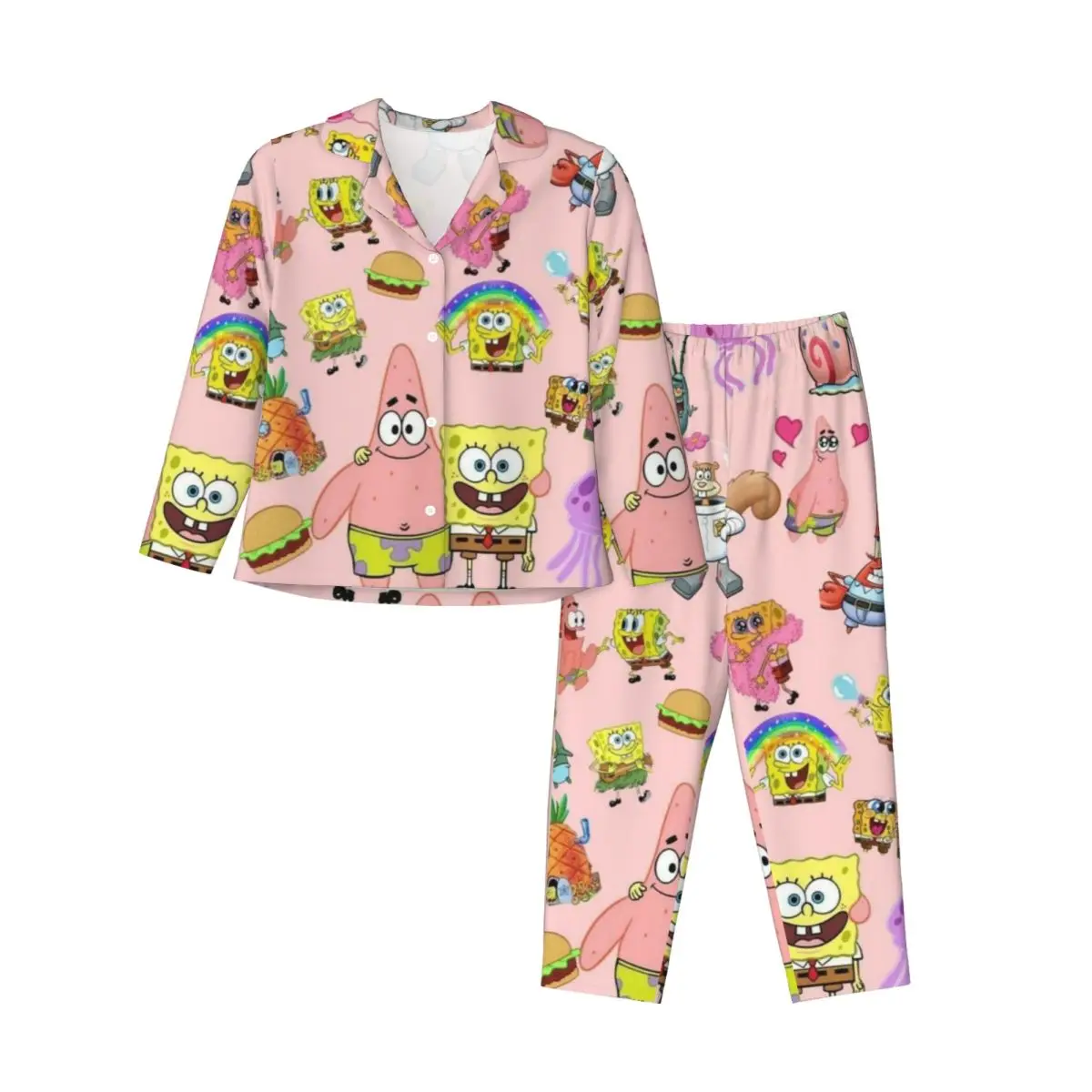 SpongeBob SquarePants Women\'s Pajamas Set Button Down Pajama 2 Piece Suit Pyjama Femme Nightwear Loungewear