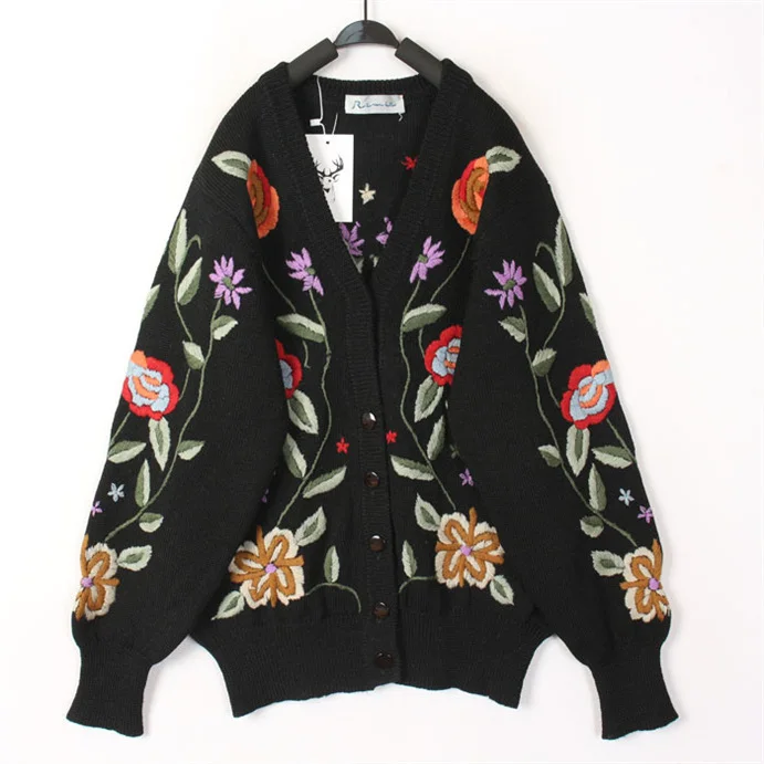 

Винтажный шерстяной свитер-кардиган с цветочным узором в стиле Харадзюку, теплый, для повседневной носки, свободный крой, длинный рукав, V-образный вырез, на одной пуговице