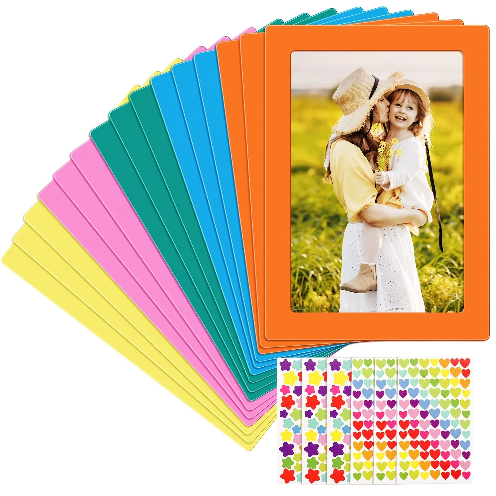 15 4x6-inch Magnetic Photo Frames, Colorful Magnetic Photo Frames, with 6 Heart- and Star-shaped Stickers Included