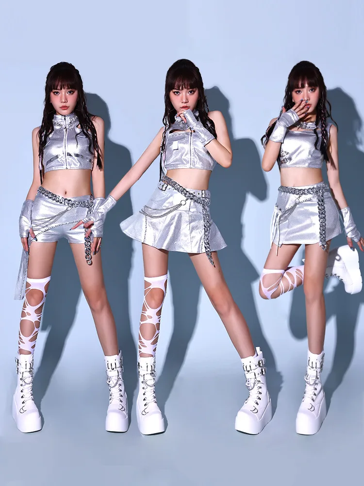 Prata jazz kpop dança traje feminino rave สวมใส่สีดํา superior mini saia conjunto boate bar dj gogo และino roupa menina gru