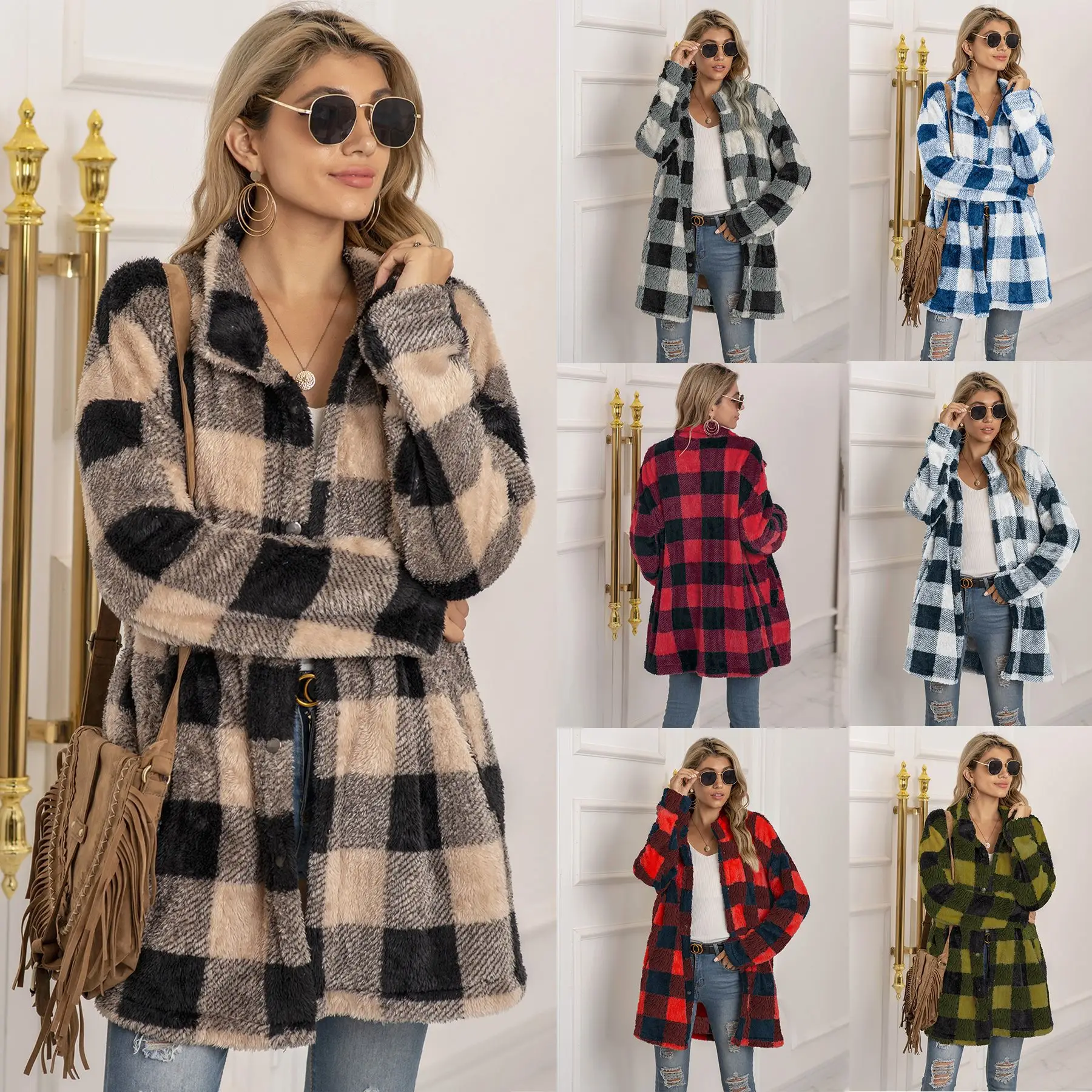 Autunno e inverno nuove donne retrò plaid stampato cappotto giacca casual cappotto bottone manica lunga caldo moda donna cappotto