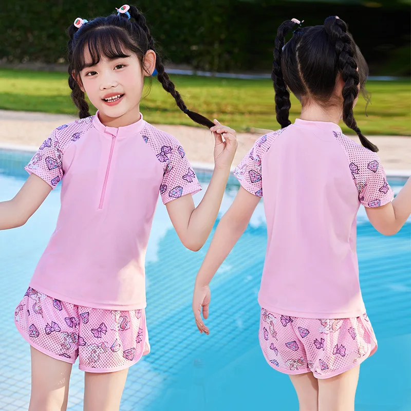 Cartoon Unicorn Swimsuit for Teen Girls, Two-Piece Suits, Summer Beach Clothes for Kids, Short-Sleeve Swimsuit for Girl, 2-14Y