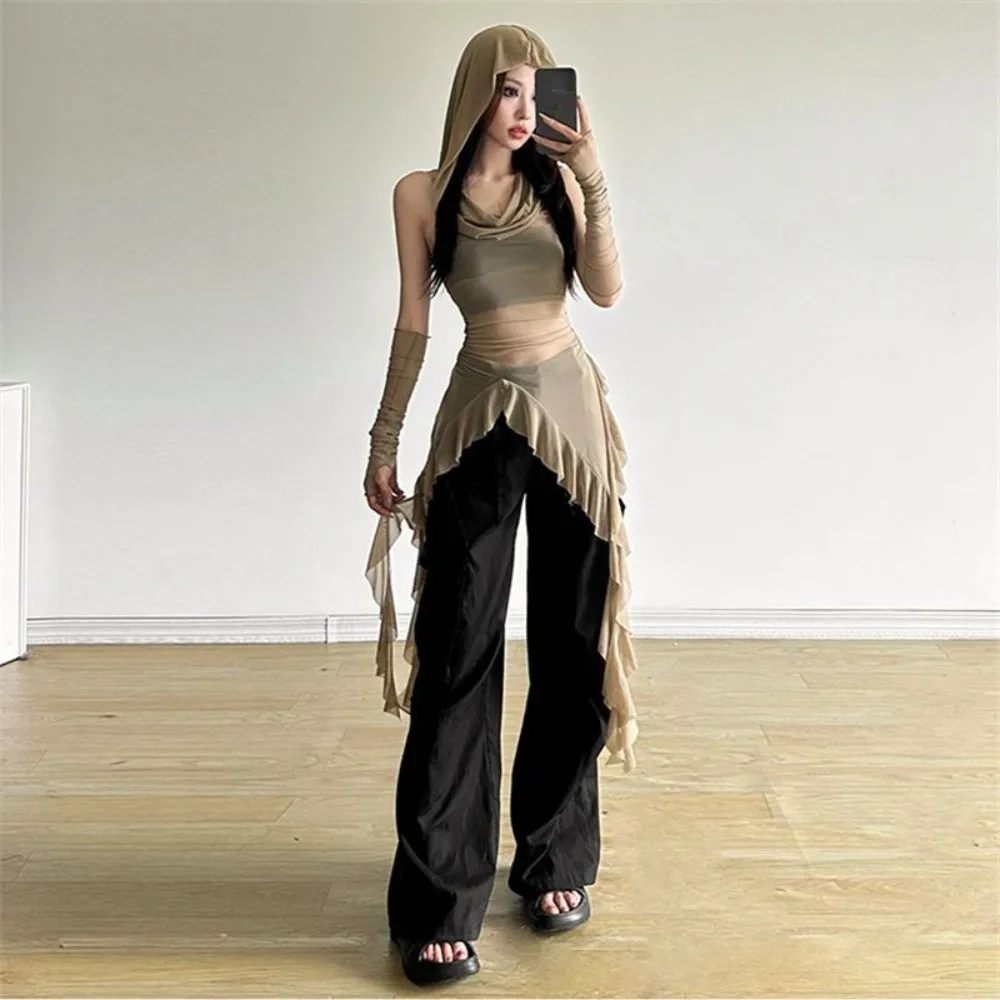 Korean Y2K Ins Jellyfish Mesh Belt T-Shirt Pleated Transparent Slim Fit Tops Off Shoulders Irregular Ribbons Ruffle Hoodie