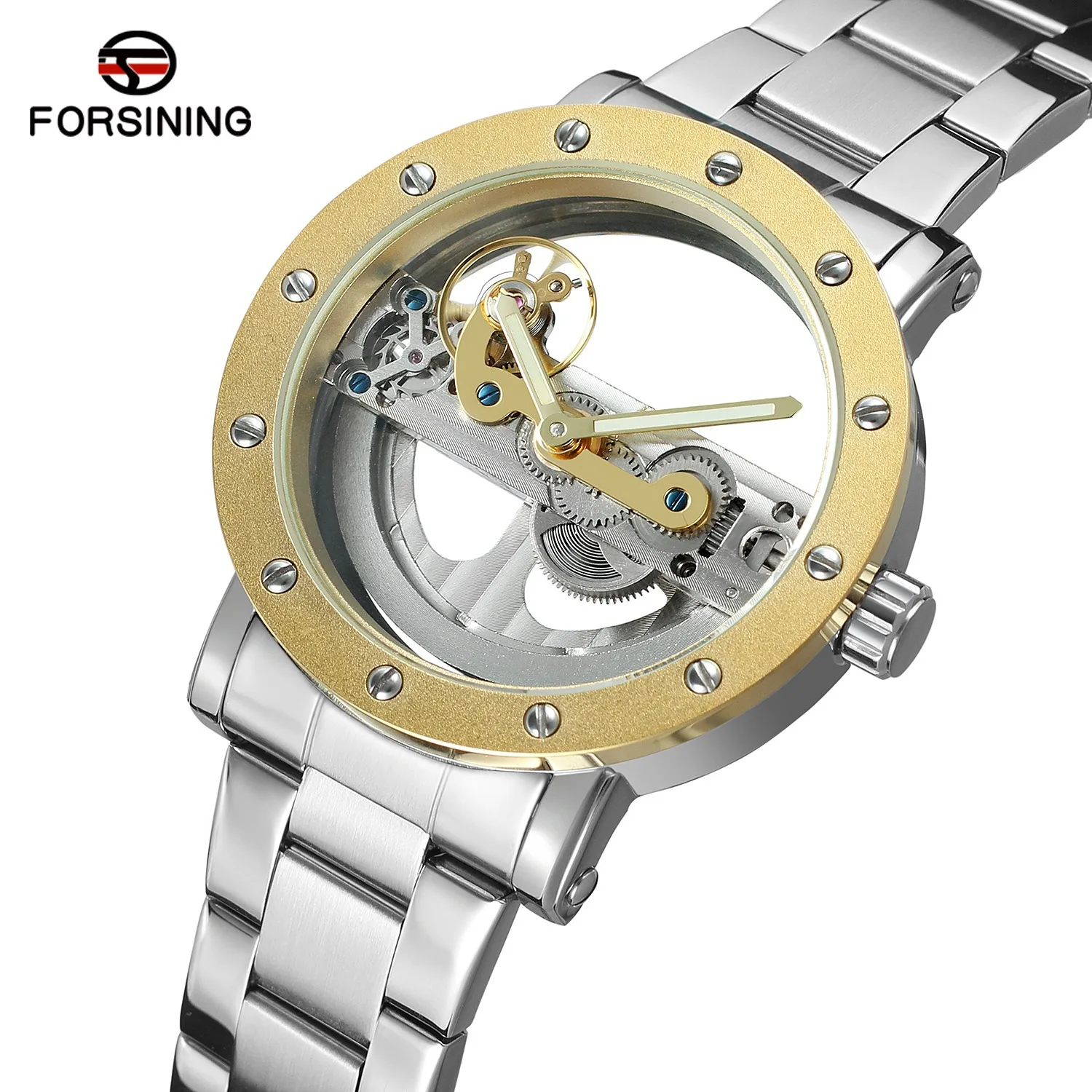 Fashion Forsining Top Brand Double Transparent Hollow Fully Automatic Mechanical Full Stainless Steel For Men\'s Gift Watches