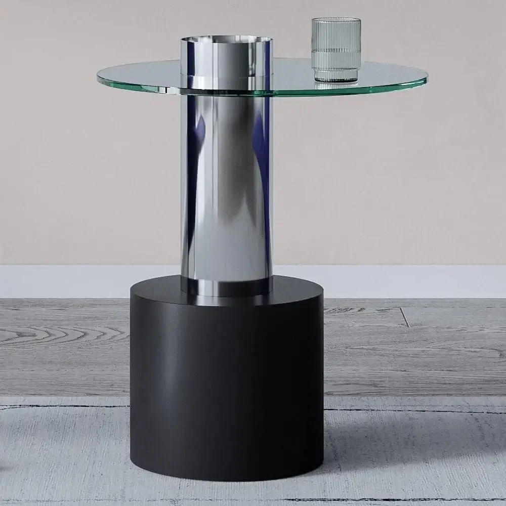 Modern Contour End Table - Clear Glass with Polished Stainless Steel and Matte Black Base