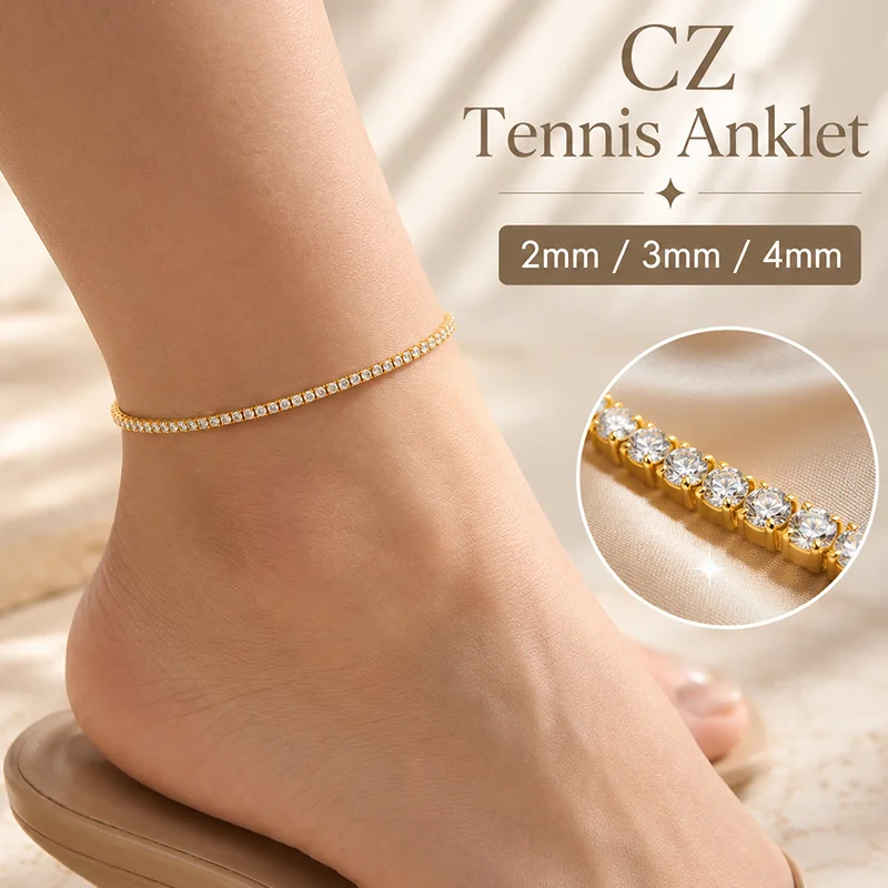 18K Gold Plated Stainless Steel CZ Tennis Anklet Layered Non Tarnish Waterproof Dainty Summer Beach Foot Chain Gift