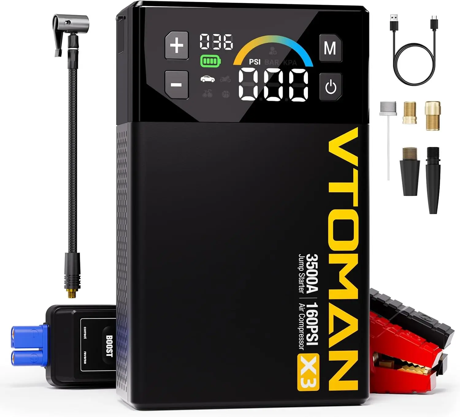 

3500A Portable Car Battery Jumper Starter with 160PSI Tire Inflator, for 9L Gas/8.5L Diesel Engines, 12V Lithium Booster Pack