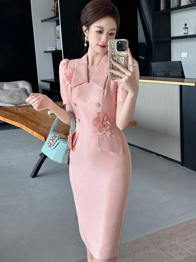 Elegant Fashion Pink Business Formal Dress Women Sweet Flowers Bubble Sleeve Slim Pencil Robe Party Prom Vestido Banquet Clothes