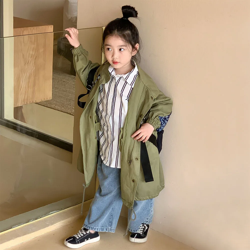 Girls patch long sleeve trench jacket Kids loose casual long style wind coat