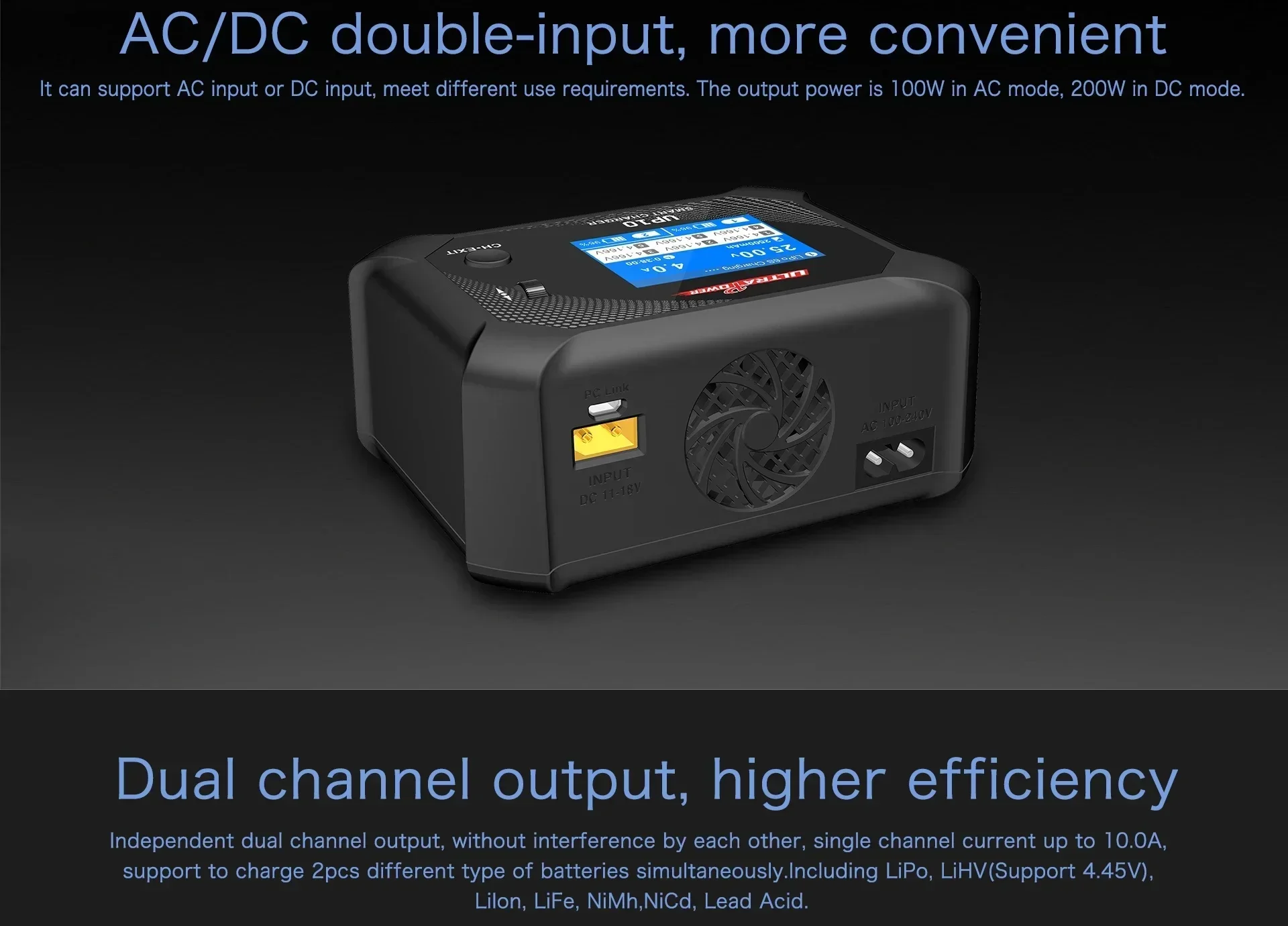 

Get Precise Charging with ULTRA POWER UP10! 2X100W 10A AC/DC Dual Channel Smart Balance Battery Charger RC Tools