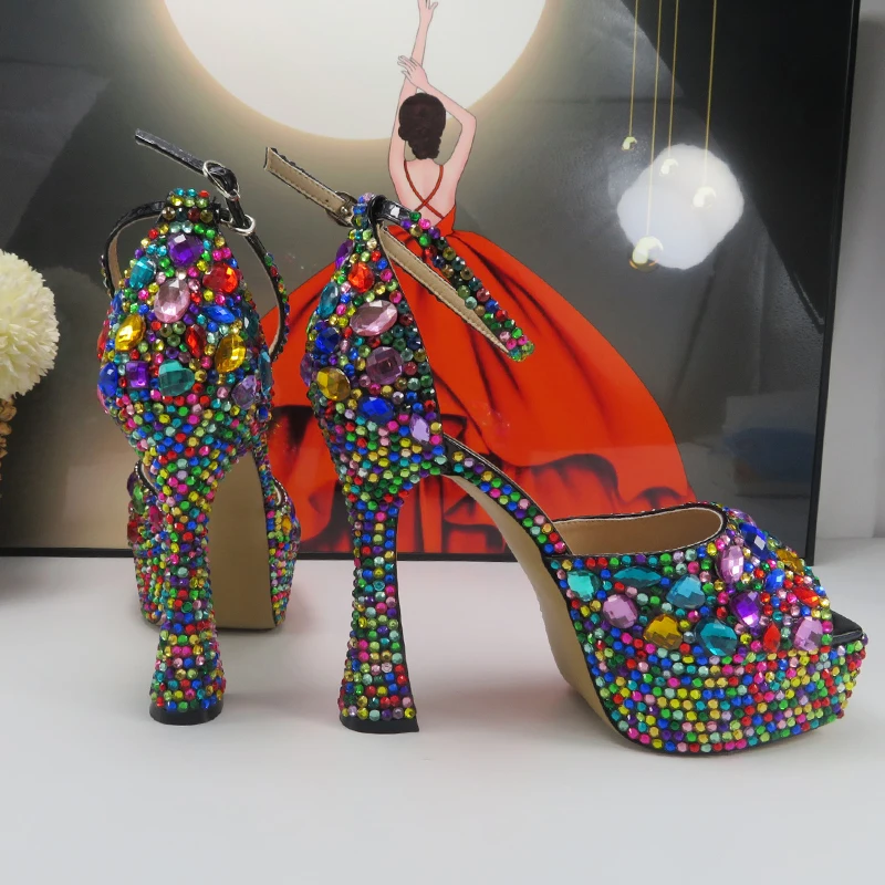 Multicolored Crystal Bridal Party shoes 11cm Strange Heel Women Summer Wedding Evening shoes Open Toe Sandals Ankle Strap Female